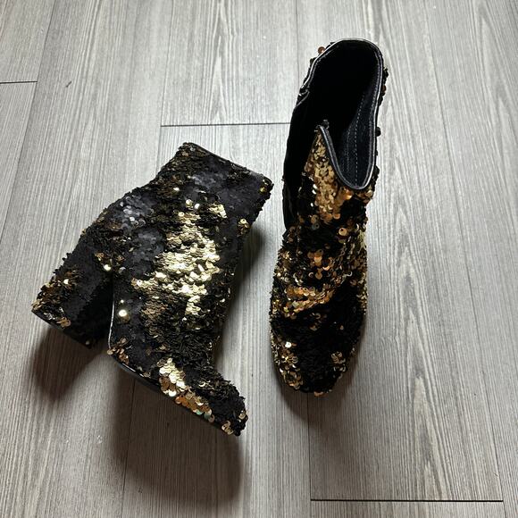 NEW STEVE MADDEN Georgia Ankle Boots 5.5 Reversible Sequin Gold Black Block Heel - Picture 3 of 9